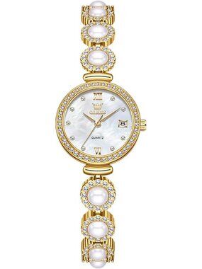 Women's Gold And Silver Analog Quartz Diamond Round Dial Pearl Bracelet Watch